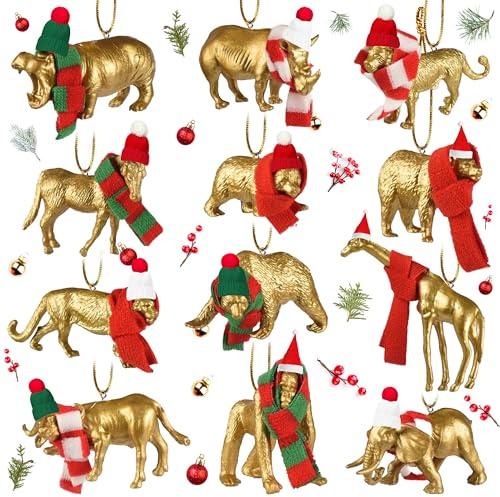 Fayoo 12 Pcs Christmas Wildlife Ornaments 3D Christmas Tree Decor Gold Wild Animal Figures Hanging Ornament with Mini Christmas Hat and Scarf for Birthday Party Xmas Party Holiday Decoration