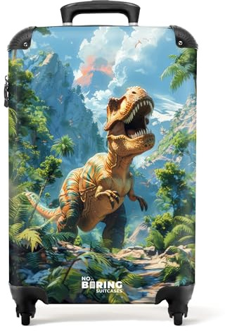 NoBoringSuitcases.com Valise Garçon Cabine Rigide, Trolley Roulette - T-Rex dans la Jungle (Vert) 55x35x25cm