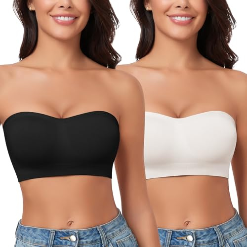 WOWENY Strapless Bandeau Bra Padded for Women Seamless Non Wired Bralette Boob Tube Non-Slip Silicone Bras with Transparent Straps(Black+White, XS)