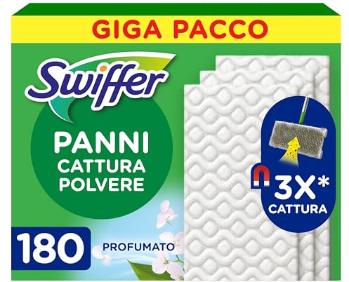 Swiffer Panni Cattura Polvere, 180 Panni Microfibra Dry, Cattura Polvere e Sporco, Ottimo per Tutti i Tipi di Pavimenti e per i Peli di Animali, Giga Formato
