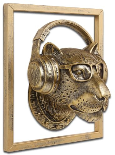 JJALIGHTS Exquisite Resin Animal Head Wall Sculpture (Gift Metal Frame) - Imitation Copper Vintage Decor for Living Room, Bedroom & Office | Decorative Wall Hanging Art (Leopard)