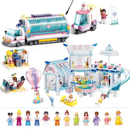 Friends Summer Villa & Mobile Clinic Combo for Girls 6-12, 12 Minifigures Beach House & Ambulance Building Kit with Pool/Slide/Clinics, Compatible with Lego Friends, STEM Gift 1415 PCS
