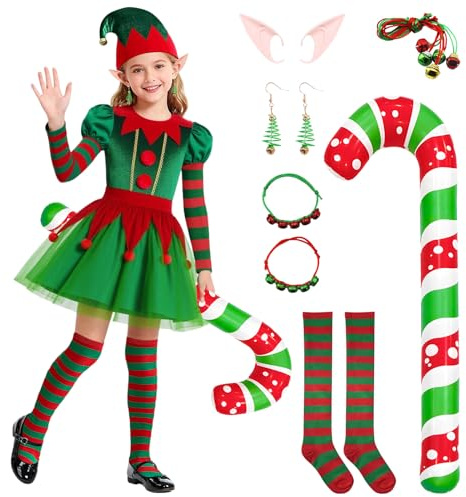 SERTAS Girls Christmas Elf Costume,Santa’s Little Helper Dress Set with Hat,Socks,Bell Bracelets,Bell Necklaces,Cane,Horn,Elf Earrings & Ears