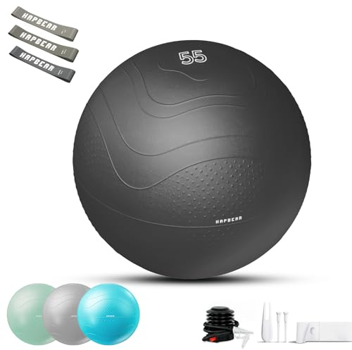HAPBEAR Pelota de Pilates 55cm/65cm/75cm-Pelota de Yoga y Resistente a los Pinchazos para Ejercicios de Estabilidad y Fortalecimiento del Tronco, con Hinchador y 3 Bandas de Resistencia