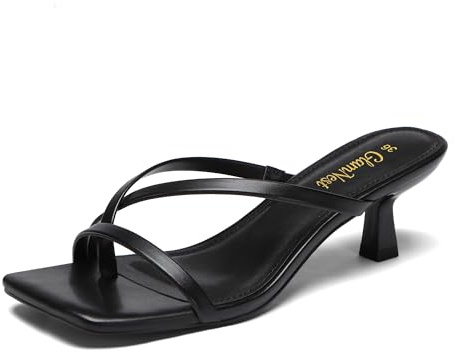 Glamnest Sandali da donna con tacco a gattino con punta quadrata e zeppa aperta infradito con tacco basso sandali senza allacciatura con zeppa scarpe da festa e abito da sposa, Nero , 37 EU