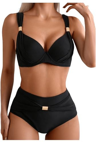 GORGLITTER Women's High Waisted Bikini Sets Push Up Underwire Swimsuits Metal Decor Tummy Control 2 Piece Swimwear Black Large
