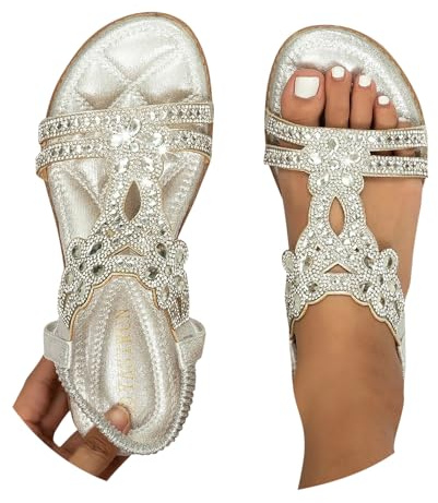 Luadnysin Sandales Femme Été Confortable Nu Chic Pieds Bride T-Strap Pieds Élastique plates À La Cheville Bout Chaussures Floral Cristal Ouvert De Plage Casual Chaussures strass,argent,40