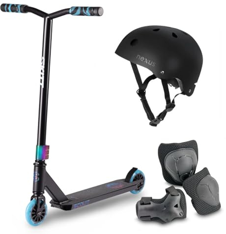 Trottinette Freestyle SKITT - Scout | Set Freestyle| Roulements Haute Performance ABEC-9 | Construction légère en Aluminium | Guidon Freestyle Rotatif à 360° (Noir Arc-en-Ciel)