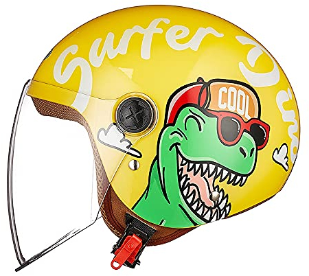Motorradhelm Kinder Mädchen Junge, Kid Jet Helm mit Visier, Dinosaurier Mofa Helm Kids Scooter Fahrradhelm, Schnellverschluss, Herausnehmbar, Waschbar, 48-55cm, Gelb