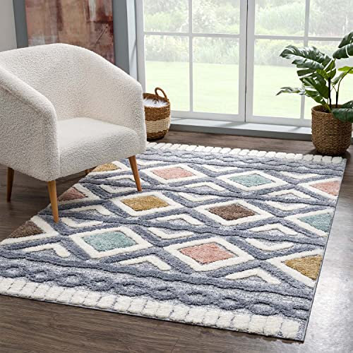 carpet city Teppich Hochflor Wohnzimmer - 140x200 cm - Boho-Chic Ethno Grau Multi - Cut-Loop, Hochtief, 3D-Effekt - Shaggy Teppiche Flauschig-Weich Schlafzimmer Langflor