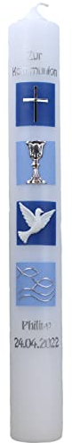 Christ-Kerzen Kommunionkerze Philipp mit Kreuz, Taube, Kelch und Fische/Wellen 1349, Gre: ca. 40x4 cm, Unparfmiert