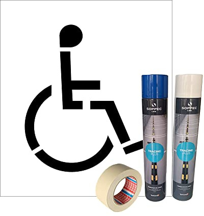 Pochoir Handicapé + 2 bombes de Peinture de Marquage au Sol + Adhésif de Masquage. Kit Pochoir Stationnement PMR 70 x 80 cm