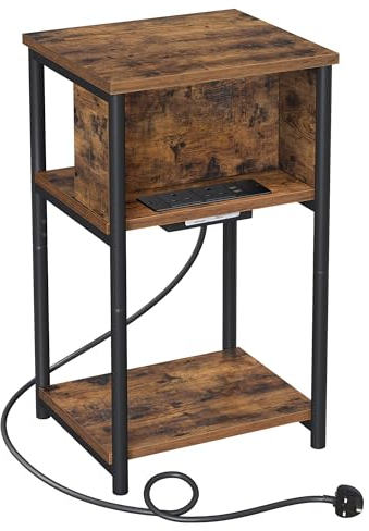 VASAGLE Slim Side Table with Charging Station, Narrow Bedside Table with 2 AC Outlets 2 USB Outlets, 30 x 34 x 58 cm, for Living Room, Bedroom, Rustic Brown and Black LET374B01