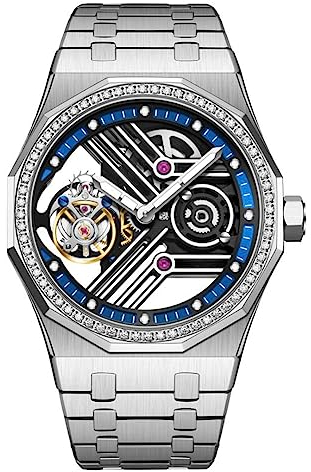 Aesop Tourbillon Herrenuhr, Skelett, mechanisches Tourbillon-Uhrwerk, manuelle Armbanduhr, leuchtender Saphir, wasserdicht, Business-Armbanduhr für Herren 7055(Blaue-Diamantlünette)