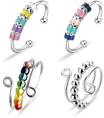 Yeefunjoy Anillo Antiestres Ajustable con Perlas - Fidget Giratorio, Apilables, Joyería y Regalos para Mujeres y Niñas