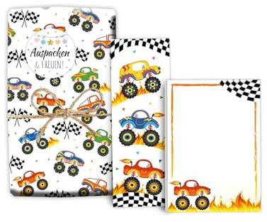 Mitgebsel-Set 8 Geschenkpapierbögen + 8 Lesezeichen + 8 Mini-Notizblöcken + 8 Aufkleber für Jungen Gastgeschenke für Kinder Jungsgeburtstag Monster-Truck Auto Motto-Party Giveaways