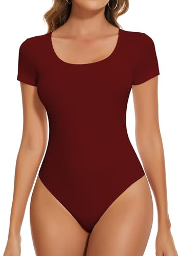 SHAPERIN Body Manche Courte Femme Col Rond Une Pièce Bodysuit Top Décontractés Chemisiers Blouses Jumpsuit Haut, Vin Rouge, L