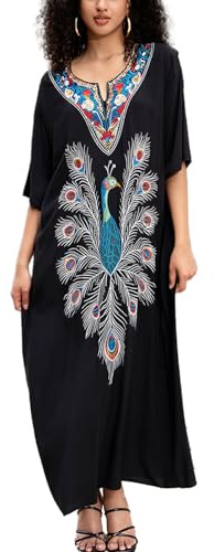 YouKD Vestido de caftano bohemio con flores bordadas, suelto, para playa y bikini, de talla grande, para mujer