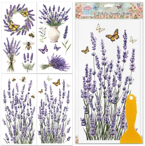 GLOBLELAND 4 Sheets Lavender Flowers Rub on Transfer for Crafts 12x6inch Butterfly and Bee Transfer Stickers UV Self-Adhesive Wall Art Decals for Bedroom Living Room Desk Table Decoration