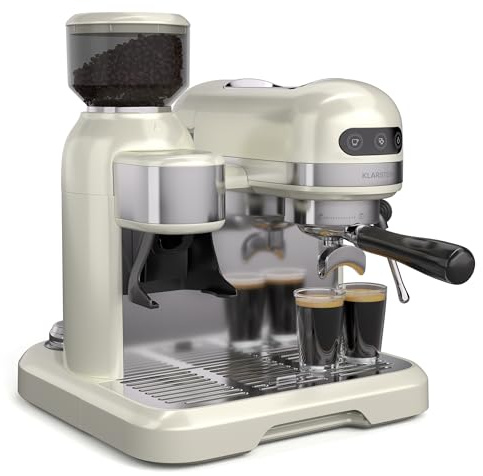 Klarstein Bella Café Siebträgermaschine Mit Mahlwerk – 19 Bar, 1550 W, 1,4 L, Integriertes Kegelmahlwerk, Milchaufschäumer, 2 Tassen, Thermo Block, Creme, Rostfreier Stahl