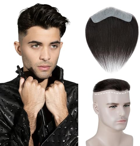 Elailite Men's Hairline V-Shaped Forehead Toupee Real Human Hair Seamless PU Base Hairpiece Fringe Bang Replacement System (4 * 18cm) (#1B Natural Black, 6 Inch)