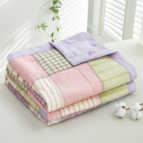 DOTBUY-SHOP Quilted Bedspreads, 100% Cotton Quilt Bed Throws Soft Filling Duvet Super King Single Double Size Boys Girls Children's Bed Quilted Throw for All Season (A patchwork B purple,180x200cm)