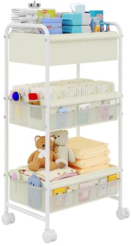 3-Tier Baby Diaper Caddy Cart Organizer,Mobile Nursery Storage Carts with Wheels,With 2 Dividers&14 Mesh Pockets Durable Metal Utility Cart for Nursery, Bedroom, Bathroom, Baby Essentials Organization