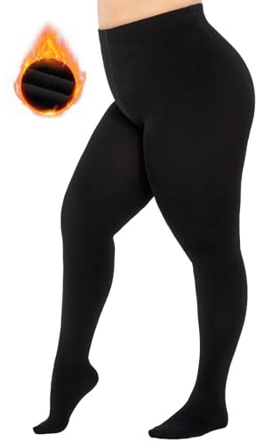 MANZI Plus Size Fleece Lined Tights Warm Winter Thermal Tights 400 Denier Black Opaque Thick Pantyhose for Women XL-XXL