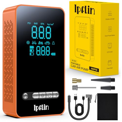 Compresor Aire Portatil - Inflador Ruedas Coche Inflador Electrico, 150PSI con Linterna y Batería Recargable - para Coches, Motos, Bicicletas SOS Emergencia y para Viajes Familiares, Naranja