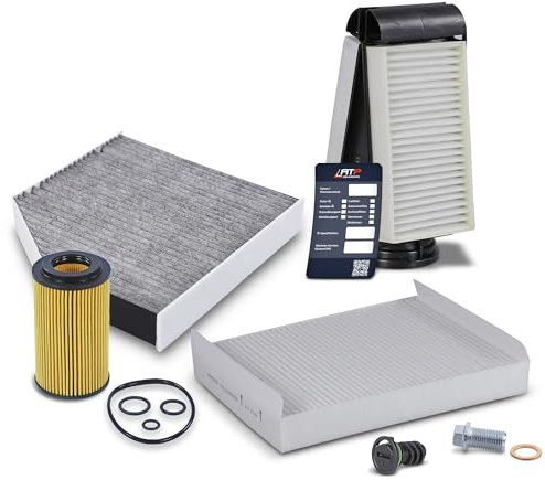 BESTPRICE Inspektionspaket Set A mit 1x Ölfilter, 1x Innenraumfilter (Aktivkohle), 1x Innenraumfilter (Vorfilter), 1x Luftfilter, 2x Ölablassschraube, 1x Ölwechselanhänger Kompatibel mit MERCEDES-BENZ