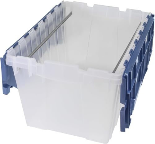 Akro-Mils KeepBox 12 Gallon Storage Container, Nesting and Stackable Plastic Storage Box with Lid Attached and Rails for Letter Size Hanging File Folders, 21 x 15 x 12, Clear/Blue