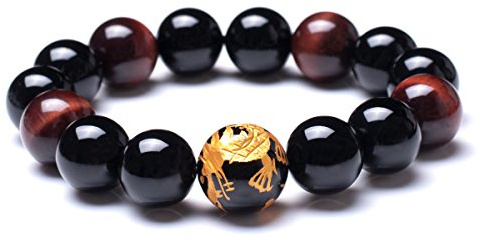 12mm Tiger Eye Stone Yellow Dragon Pattern Bold Wrist Bracelets | Natural Lava Rock Black Beads Elegant Design Bracelets for Men | Charming Black Crystal Men's Bracelet Beads Set for Layered Looks