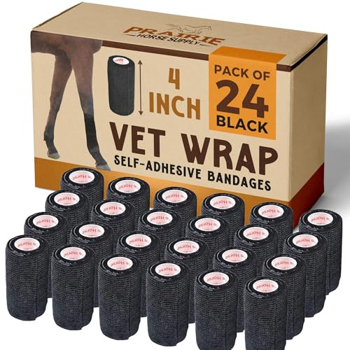 Prairie Horse Supply 24 Rolls Black Self Adhesive Bandage Wrap 4 Inch Elastic Cohesive Vet Tape for First Aid, Medical, Sport & Animals Wound