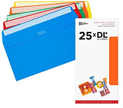 Blake Colour | sobres surtidos de colores DL+ (11.4 x 22.9cm) | 25 unidades | 120 g/m² | certifcado FSC y sostenible | tira autoadhesiva | sobres para invitaciones y manualidades | modelo 25123