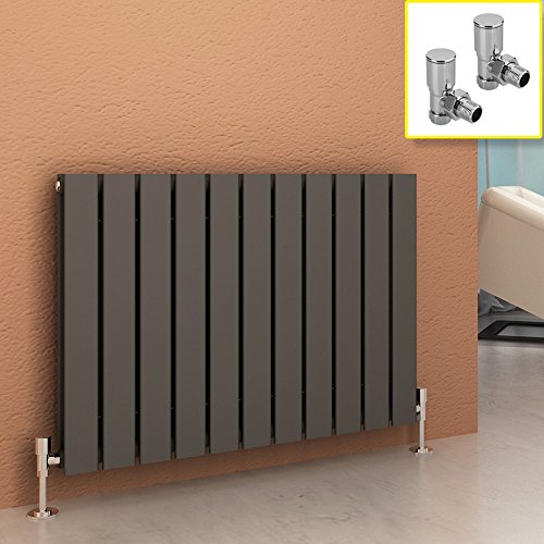 600 x 836 mm Anthracite Column Radiator Horizontal Double Flat Panel Designer Radiator with Angled Radiator Valves