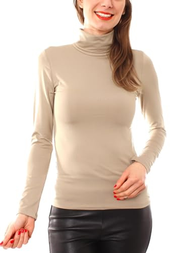 Easy Young Fashion - Damen Thermo Mikrofaser Langarm Rollkragen Shirt - Rolli Unterziehshirt Skinny Fit 3253 - Beige L