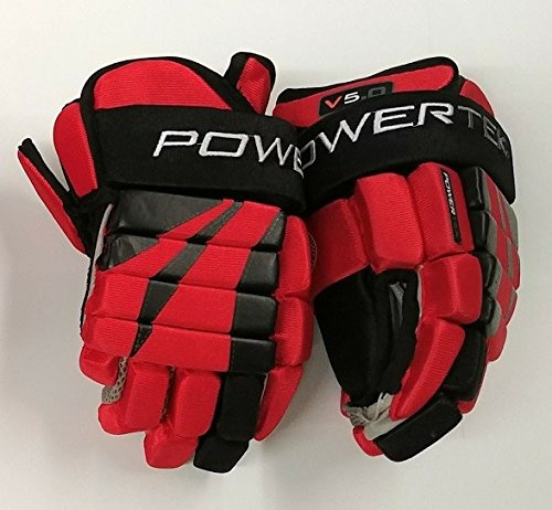 PowerTek V5.0 Tek Junior Ice Hockey Gloves, Flexible Full Motion Cuff (Red, 12)