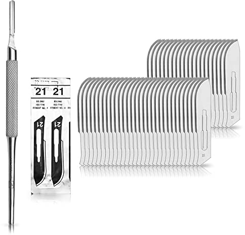 Set avec 50 x lames de scalpel N° 21 - Lame stérile en acier au carbone et 1 x May - manche de scalpel Figure N° 4 avec manche rond en acier inoxydable