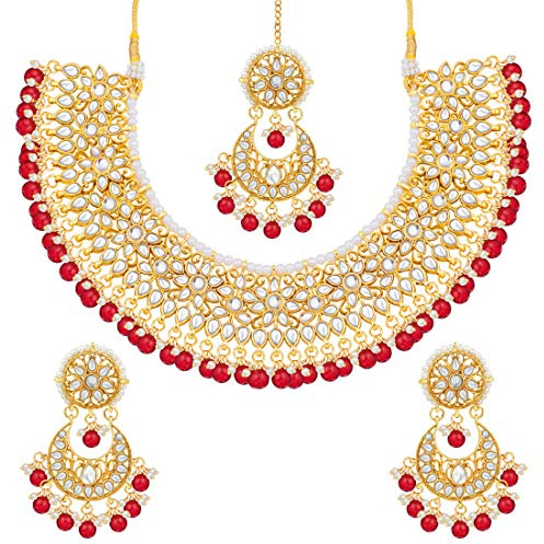 Aheli Faux Kundan Beads Strand Necklace Earrings Maang Tikka Bollywood Traditional Fashion Statement Bharatanatyam jewellery set Set Gift for Women