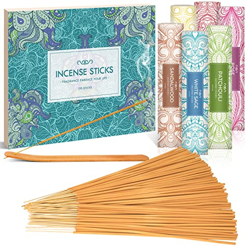 SCENTORINI Räucherstäbchen Set 120 Stock, Duft von Sandelholz, Patschuli, Weißer Salbei, Weihrauch Myrrhe, Zimt, Rose, inklusive 1 Räucherstäbchen Halter