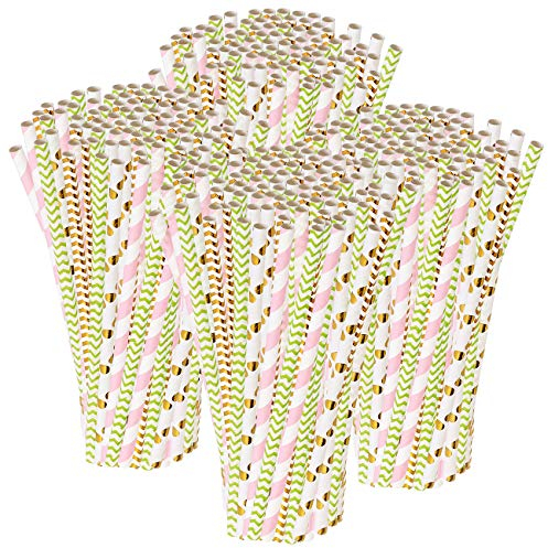 PEARL Einweg Strohhalme: 400 Papier-Trinkhalme, Retro-Motive in gold, grün, rosa, 197 x 6 mm (Gestreifer Papier-Trinkhalm, Papierhalme, Trinkflasche)
