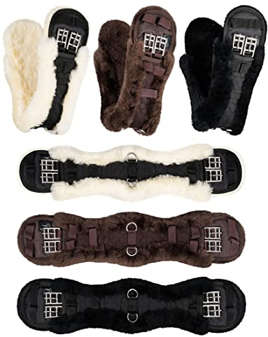 Equinate Sattelgurt Luke mit echtem Lammfell - anatomischer Kurzgurt Bauchgurt Dressurgurt 50 60 70 80cm Natur Braun Schwarz (50cm Braun)