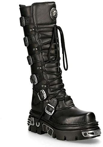 New Rock 272-S1 Bottes Hautes Gothiques Emo en Cuir Noir Métallisé Avec Lacet et Fermeture à Boucle 11