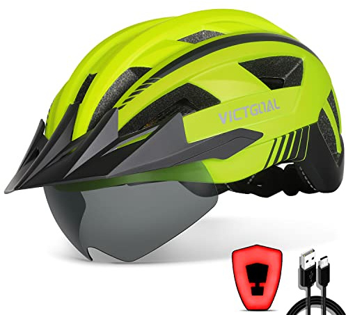 VICTGOAL Fahrradhelm Herren Damen MTB Helm mit Abnehmbarer Magnetische Schutzbrille Visier Atmungsaktiv mit 21 Belüftungskanäle Radhelm Einstellbare Fahrradhelme (M: 54-58cm, Gelb)