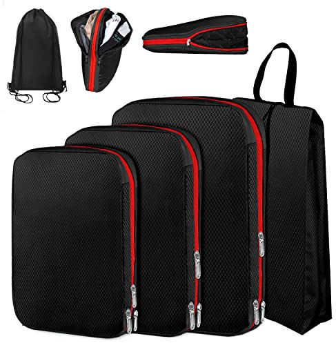 Tedsrewa Koffer Organizer Set 5-teilig, Packtaschen mit Kompression,Compression Packing Cubes für Rucksack und Koffer, Packwürfel, Kofferorganizer Reise Kleidertaschen für Kleidung Schuhe Unterwäsche