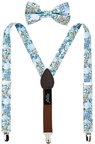 ZENXUS Floral Cotton Suspenders and Pre-tied Bow Tie Set for School Boys and Kids