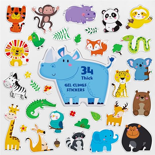34 Stück Wildtier-Gelklemmen-Aufkleber, dicke Fenster- und Türklemmen, abnehmbare wiederverwendbare Aufkleber für Kinder, Kleinkinder, Erwachsene, Heim- und Klassenzimmerdekorationen (nicht essbar)