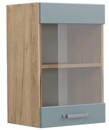 Vicco Küchenglasschrank R-Line, Glashängeschrank, Blau-Grau/Goldkraft Eiche, 40 cm