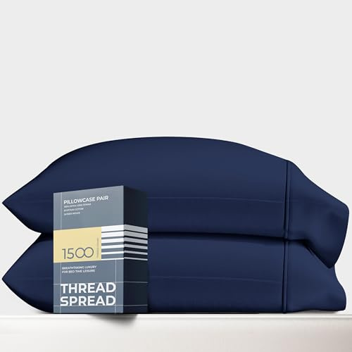 THREAD SPREAD 100% Egyptian Cotton King Size Pillow Cases Set of 2 - Luxury 1500 Thread Count Pillow Cases King Size (Navy Blue), Soft Cooling Envelope Closure Hotel Like Egyptian Cotton Pillowcases
