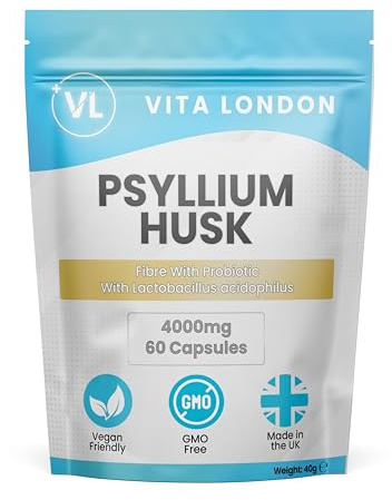 Psyllium Husk Capsules 4000mg with Probiotics (Lactobacillus Acidophilus) 60 High Fibre Supplement Capsules for Digestive Health - Made in UK